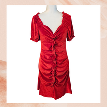 Laden Sie das Bild in den Galerie-Viewer. SBetro Crimson Red Velvet Ruched Ruffle Mini Dress (Pre-Loved) Large