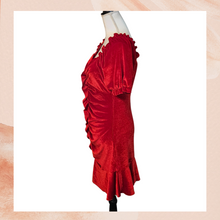 Laden Sie das Bild in den Galerie-Viewer. SBetro Crimson Red Velvet Ruched Ruffle Mini Dress (Pre-Loved) Large