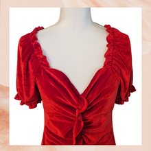 Laden Sie das Bild in den Galerie-Viewer. SBetro Crimson Red Velvet Ruched Ruffle Mini Dress (Pre-Loved) Large