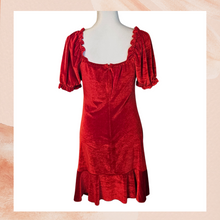 Laden Sie das Bild in den Galerie-Viewer. SBetro Crimson Red Velvet Ruched Ruffle Mini Dress (Pre-Loved) Large