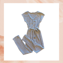 Load image into Gallery viewer, Soft Knit Gray & White Striped Ankle Length Jumpsuit (Pre-Loved) See Measurements