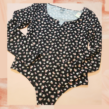 Load image into Gallery viewer, VS PINK Black Floral Long Sleeve Bodysuit Large
