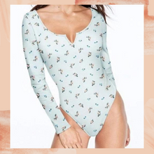 Load image into Gallery viewer, VS PINK Light Blue Floral Long Sleeve Bodysuit Large
