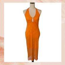 Load image into Gallery viewer, 90&#39;s Orange Halter Sheer Midi Bodycon Dress NWT
