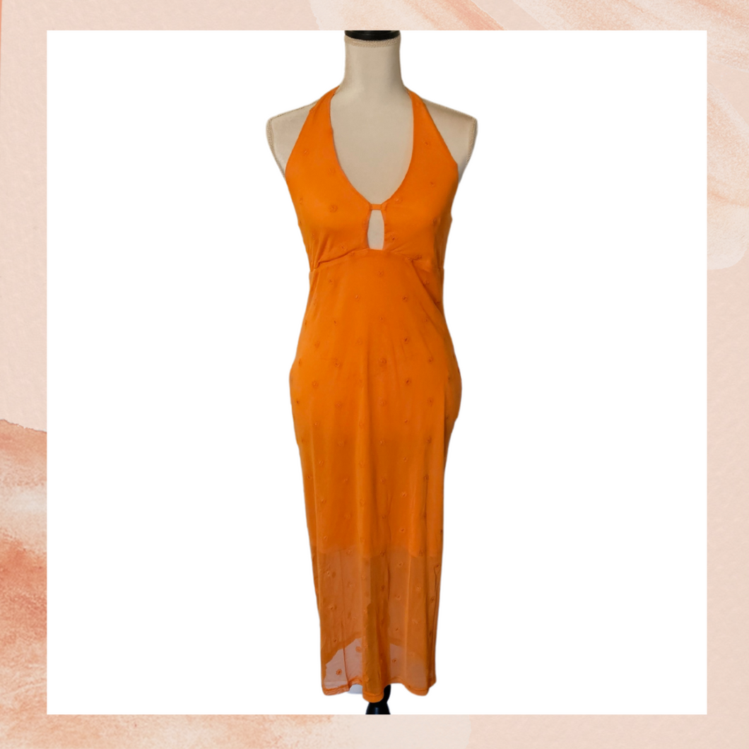 90's Orange Halter Sheer Midi Bodycon Dress NWT