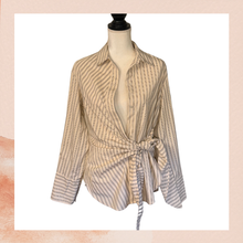 Load image into Gallery viewer, Abercrombie &amp; Fitch Cream Pinstriped Collared Button-Down Wrap-Tie Shirt (Pre-Loved) Size Medium
