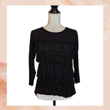 Load image into Gallery viewer, Black Crewneck Tiered Ruffle Front 3/4 Sleeve Shirt (Pre-Loved) OS (See Measurements)
