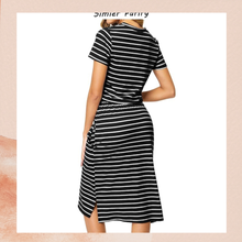 Carregue a imagem no visualizador da Galeria, Black &amp; White Striped Soft Knit Short Sleeve Midi Dress (Pre-Loved) Size Medium
