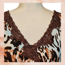 Carregue a imagem no visualizador da Galeria, Blue Brown Leopard Print Lace Trim Knit Long Sleeve Shirt (Pre-Loved) OS See Measurements
