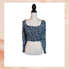 Load image into Gallery viewer, Blue Floral Smocked Long Sleeve Cropped Top (Pre-Loved) Medium
