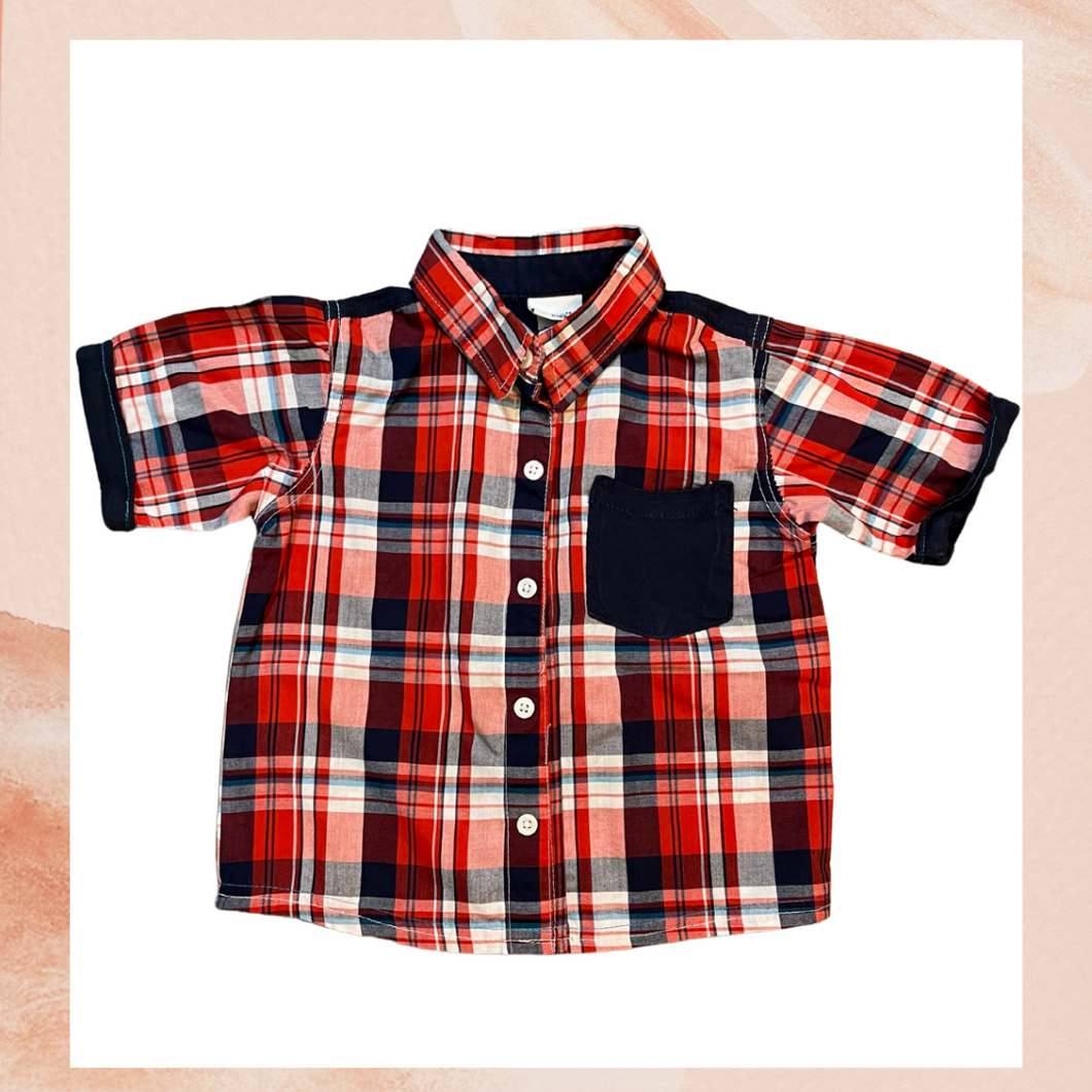 Boy's Red & Deep Navy Blue Plaid Short Sleeve Button-Down Shirt (Pre-Loved) 3T