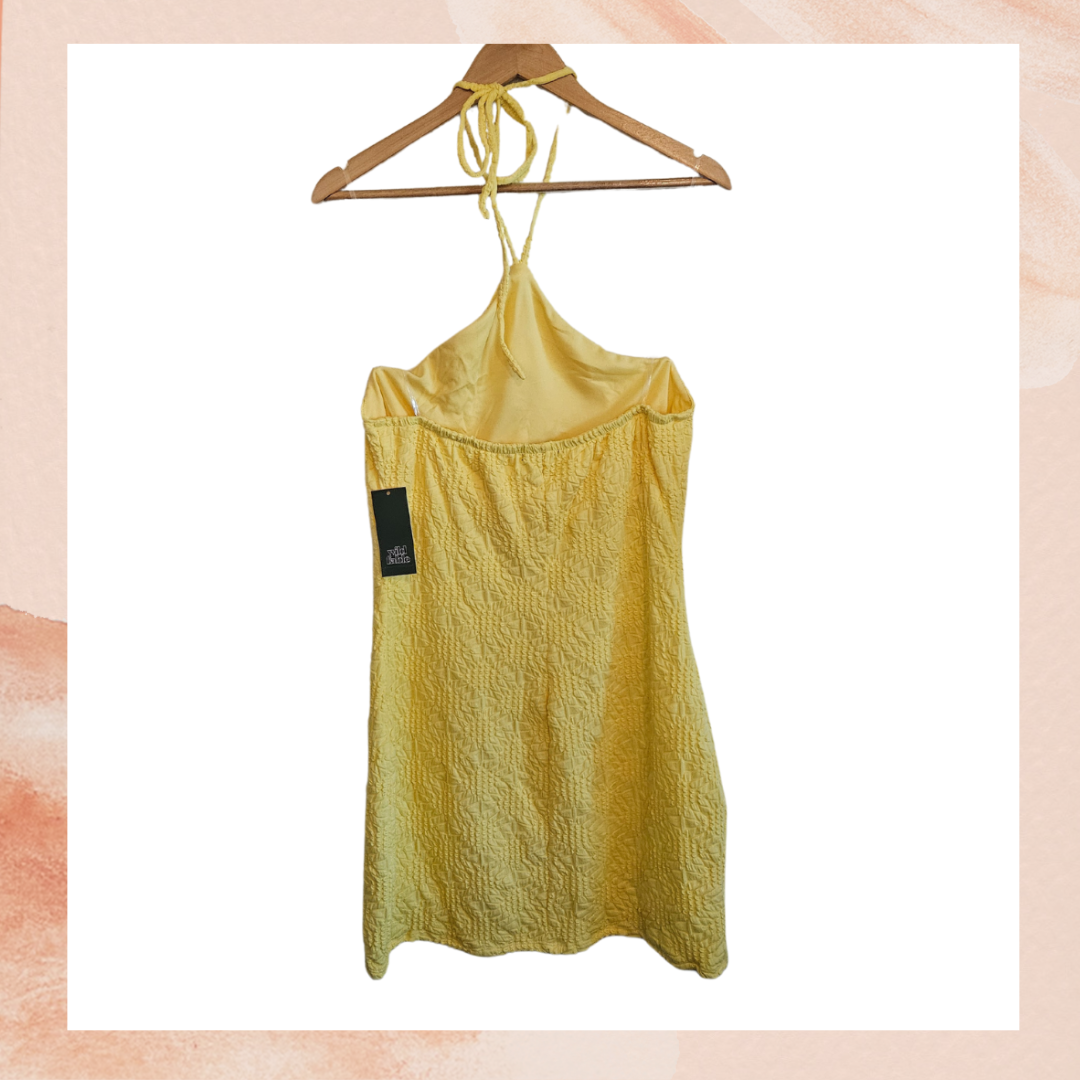 bright yellow mini dress Bright Yellow Halter Bodycon Mini Dress NWT – Taylor & Cambria