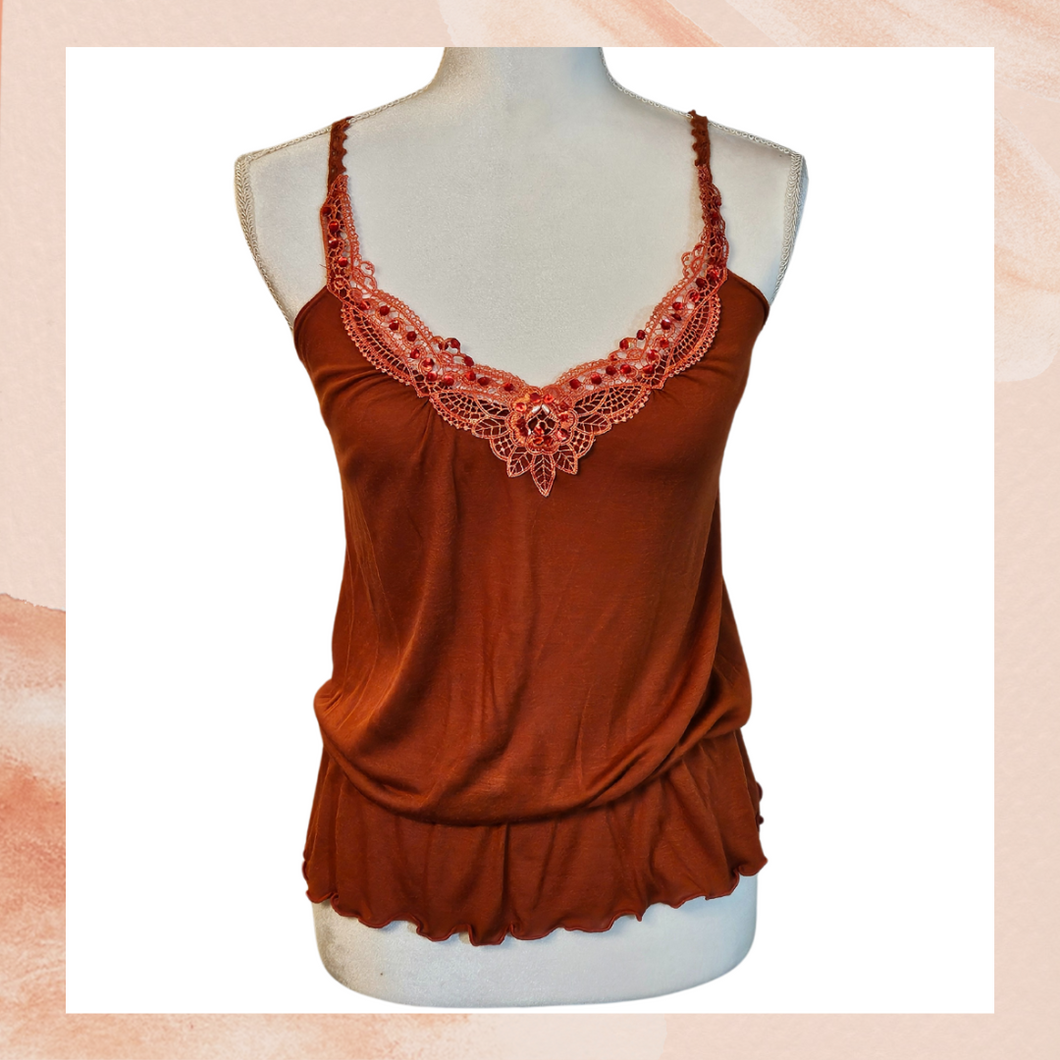 Burnt Orange Crochet Lace Sequin Embellished Peplum Tank Top (Pre-Loved) OS