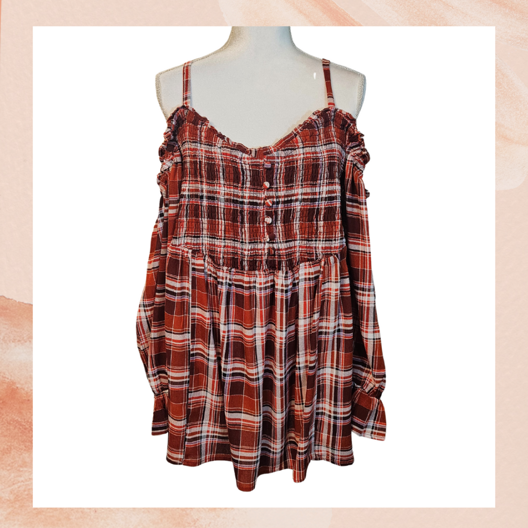 Burnt Orange Plaid Cold Shoulder Blouse NWT Size 2