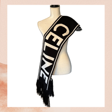 Load image into Gallery viewer, Celine Black &amp; White Large Logo Cashmere Fringe Scarf Wrap (Pre-Loved) OS
