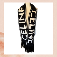 Load image into Gallery viewer, Celine Black &amp; White Large Logo Cashmere Fringe Scarf Wrap (Pre-Loved) OS
