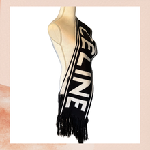 Load image into Gallery viewer, Celine Black &amp; White Large Logo Cashmere Fringe Scarf Wrap (Pre-Loved) OS
