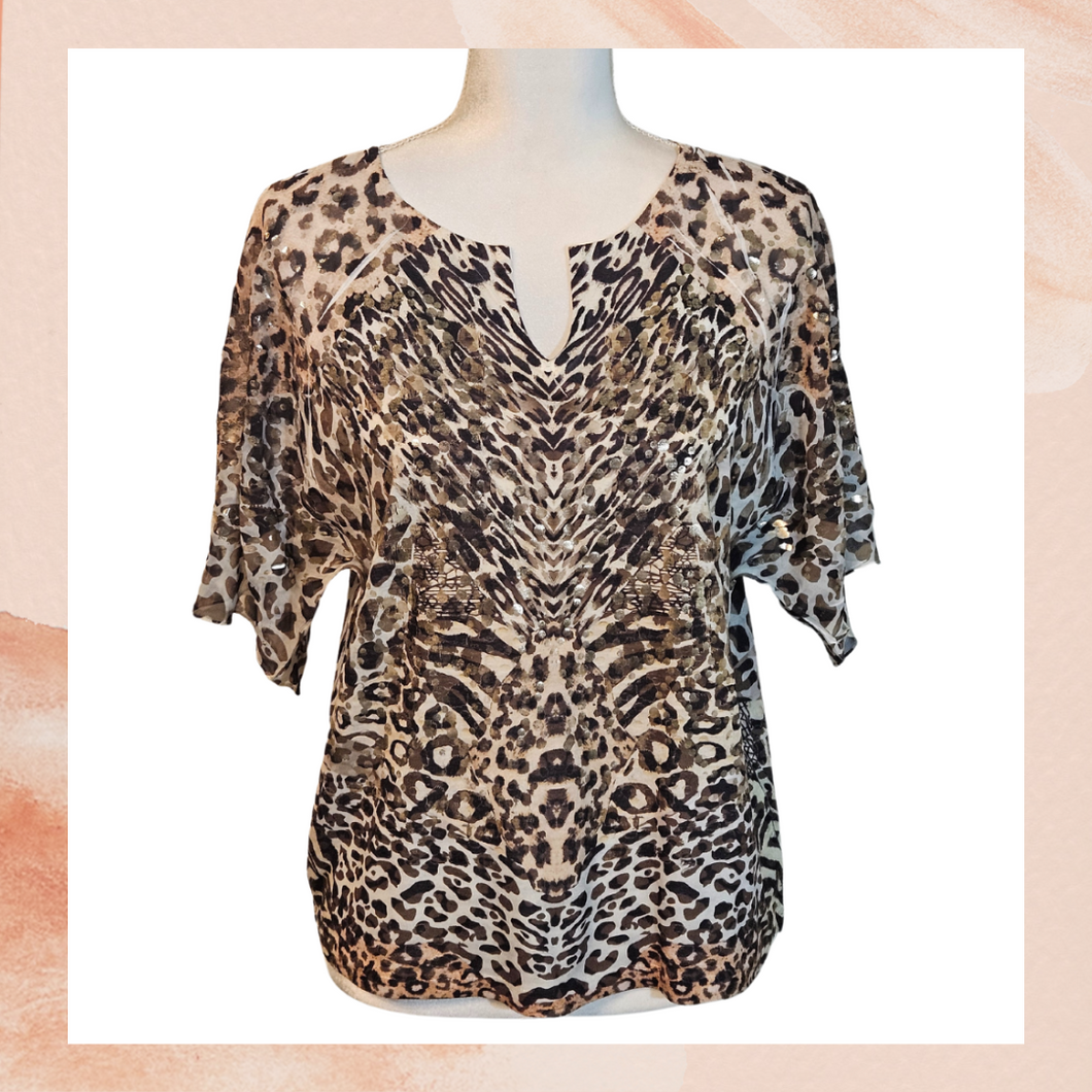 Chico's Gold Flecked Animal Print Short Sleeve Shirt (Pre-Loved) M/L See Measurements