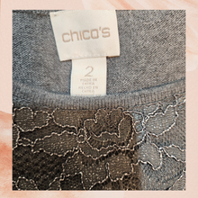 Laden Sie das Bild in den Galerie-Viewer. Chico&#39;s Gray Lace Front Light Knit Sweater NWT Chico&#39;s Size 2
