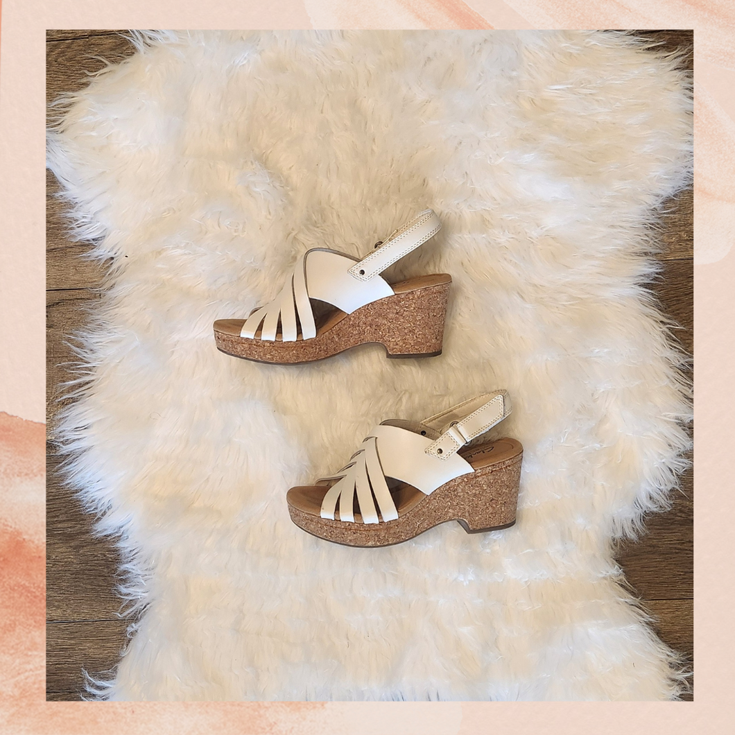 Clarks White Cork Wedge Heel Sandals (Pre-Loved) Size 7M