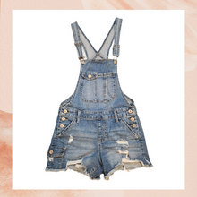 Cargue la imagen en el visor de la galería, Denim Medium Wash Distressed Raw Hem Short Coveralls (Pre-Loved) Small
