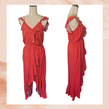 Load image into Gallery viewer, Express Deep Coral Ruffle High-Lo Midi Dress (Pre-Loved) Size Large

