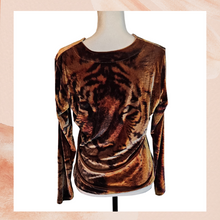Load image into Gallery viewer, Fantazia Gold Velvet Tiger Print Long Sleeve Shirt (Pre-Loved) Small
