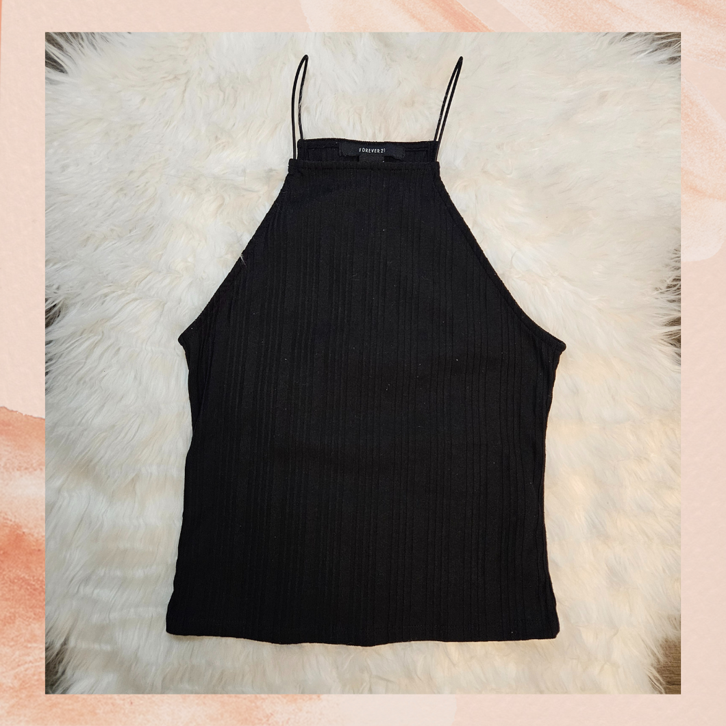 Forever 21 Black Ribbed High Neck Cropped Tank Top (Pre-Loved) Small