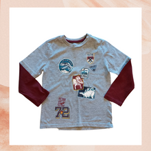 Load image into Gallery viewer, Gray Dino Patch Varsity Long Sleeve T-Shirt (Pre-Loved) 6 (Boy&#39;s)

