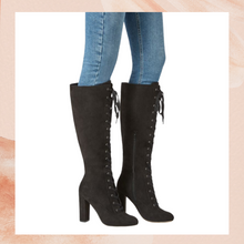 Carregue a imagem no visualizador da Galeria, JustFab Black Lace-Up Faux Suede Tall Boots NWOT Size 10
