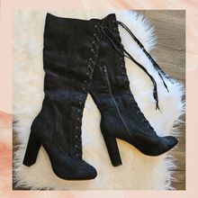 Chargez l&#39;image dans la visionneuse de la galerie, JustFab Black Lace-Up Faux Suede Tall Boots NWOT Size 10
