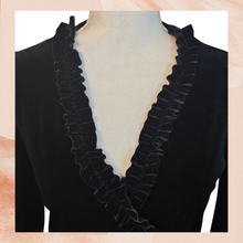 Chargez l&#39;image dans la visionneuse de la galerie, Kay Celine Black Velvet Ruffle V-Neck Blouse (Pre-Loved) Large
