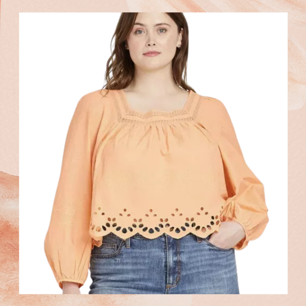 Light Orange Embroidered Eyelet Boho Cropped Blouse NWT