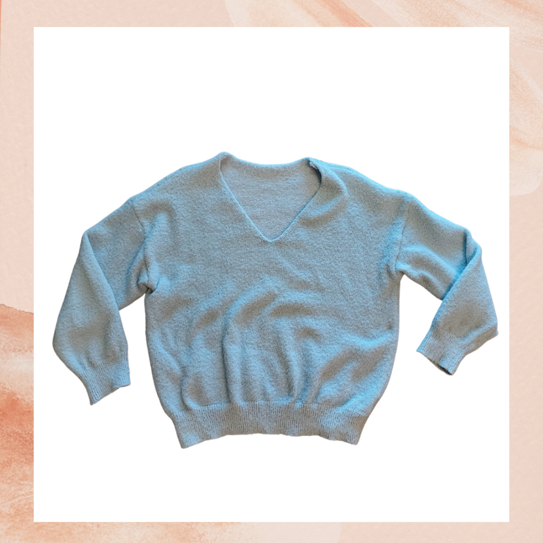 Light Blue Fuzzy Thick Knit V-Neck Sweater (Pre-Loved) 1XL