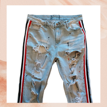 Load image into Gallery viewer, Light Wash Destroyed Paint Splatter Skinny Jeans (Pre-Loved) W34 L32
