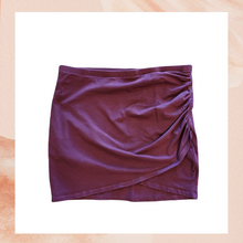 Load image into Gallery viewer, Maroon Rouched Side Asymmetrical Mini Pull-On Skirt (Pre-Loved) Large
