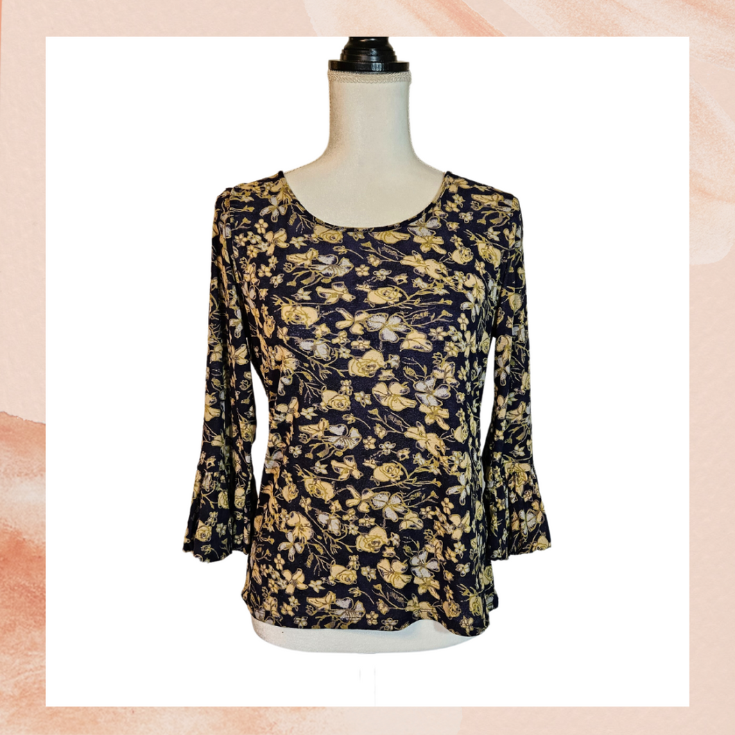 Navy Yellow Floral Ruffle 3/4 Sleeve Blouse (Pre-Loved) OS (See Measurements)