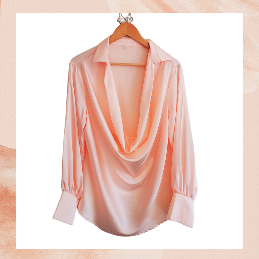 Peach Pink Satin Cascading Draping Neck Blouse NWOT XL