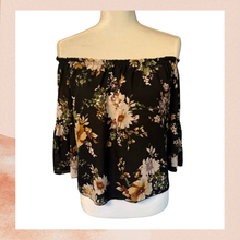Load image into Gallery viewer, Persaya Black Floral Cropped Off-Shoulder Ruffle Sleeve Blouse (Pre-Loved) Size Small
