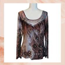 Chargez l&#39;image dans la visionneuse de la galerie, Purple Peacock Print Sheer Sleeve Blouse (Pre-Loved) X-Large
