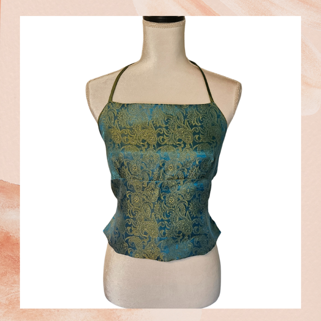 Retro Green Blue Paisley Cropped Back Tie Tank (Pre-Loved) OS