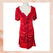 Carregue a imagem no visualizador da Galeria, SBetro Crimson Red Velvet Ruched Ruffle Mini Dress (Pre-Loved) Large
