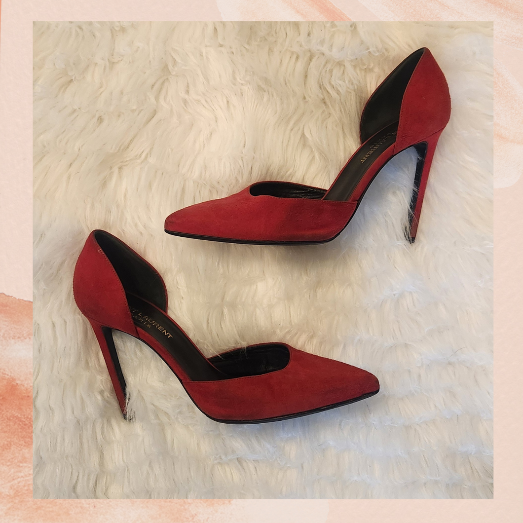 Saint Laurent Red Soft Suede D'Orsay Stiletto Pump Heels (Pre-Loved) 36.5 (6.5)