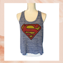Cargue la imagen en el visor de la galería, Superman Blue Spacedye Knit Cropped Racerback Tank (Pre-Loved) Size Junior's Large

