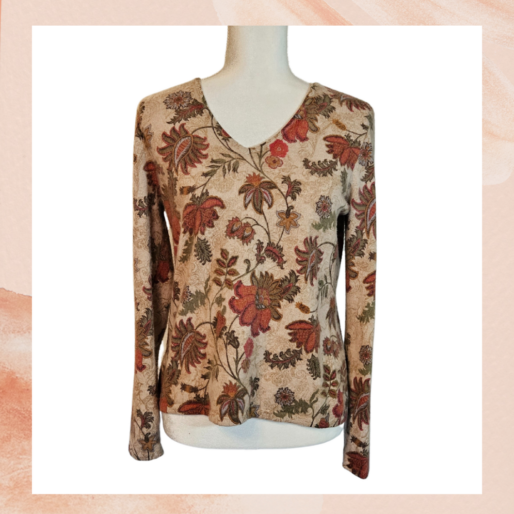 Tan Floral Soft Knit V-Neck Long Sleeve Tee (Pre-Loved) OS (See Measurements)