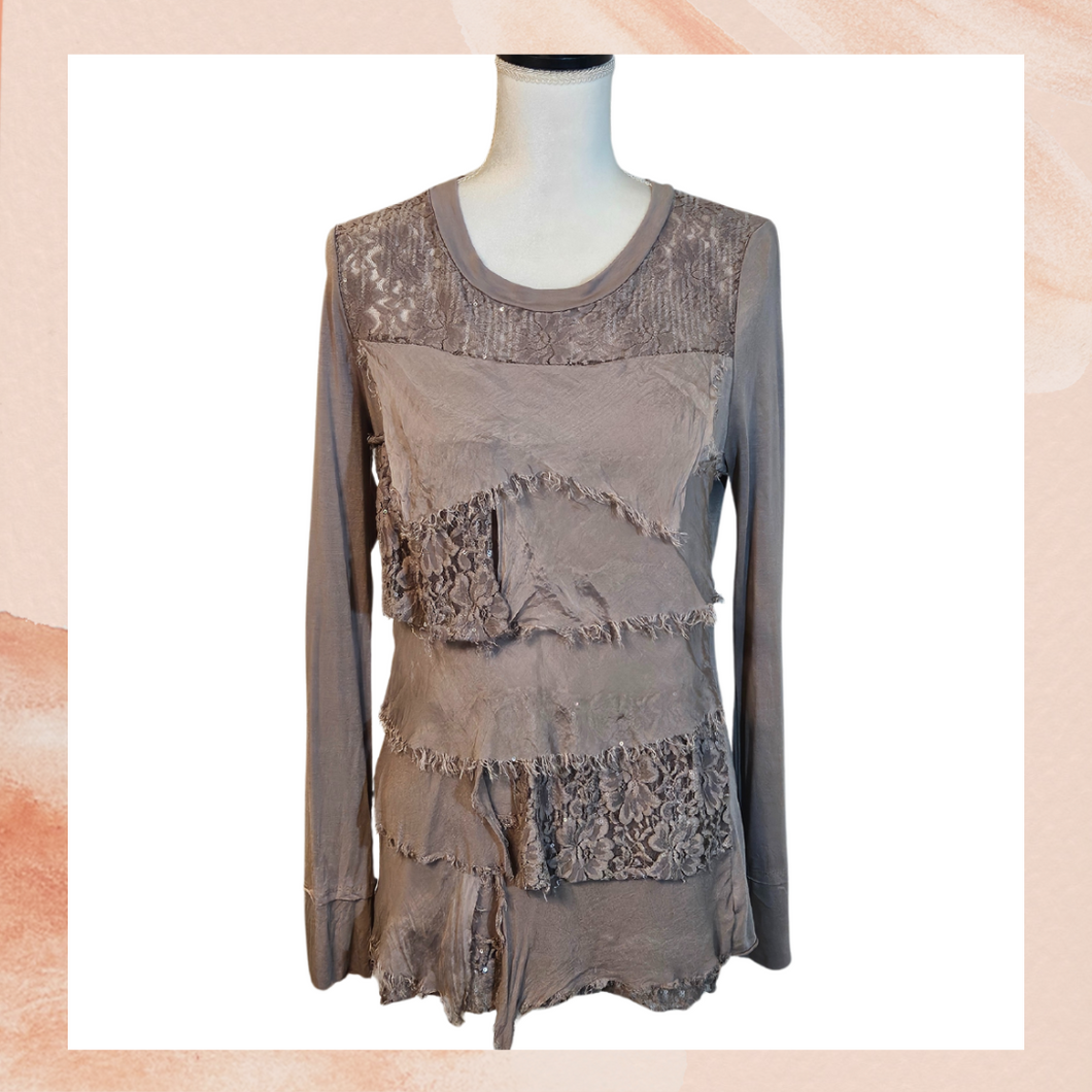 Taupe Shredded Tiered Lace Sheer Front Tee (Pre-Loved) Medium