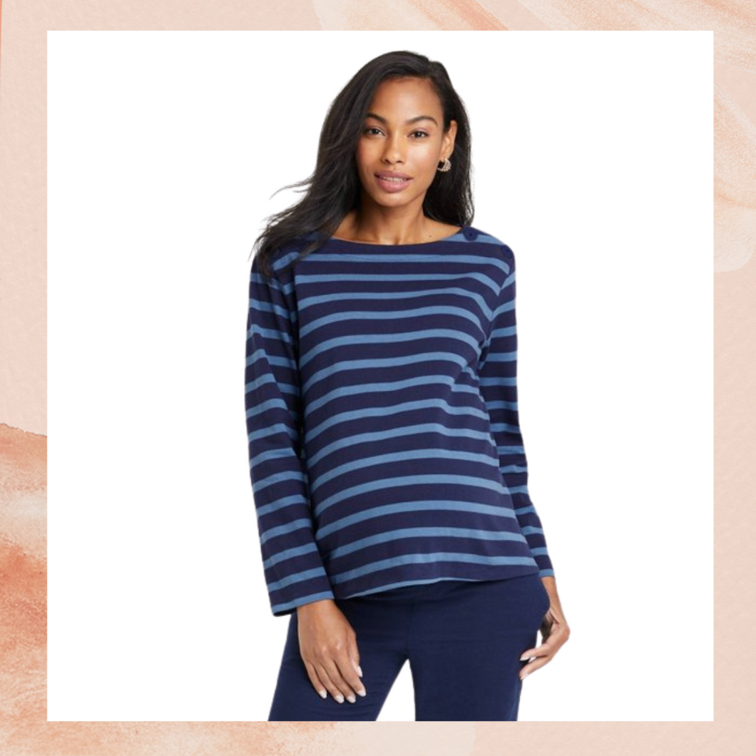 The Nines Navy Striped Long Sleeve Maternity Tee NWT Size Large