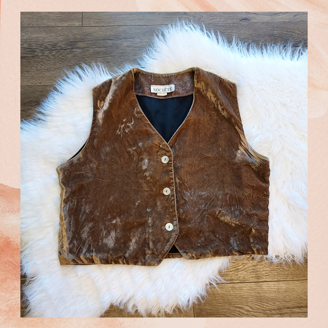 Vintage Gold Brown Crushed Velvet Button-Down Cropped Vest (Pre-Loved) Size 2
