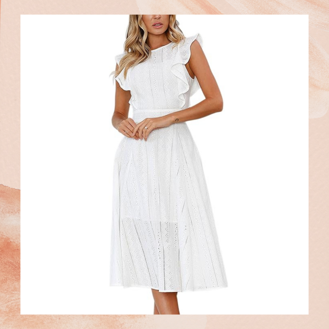 White Eyelet Lace Flutter Cap Sleeve Midi Dress (Pre-Loved) Small