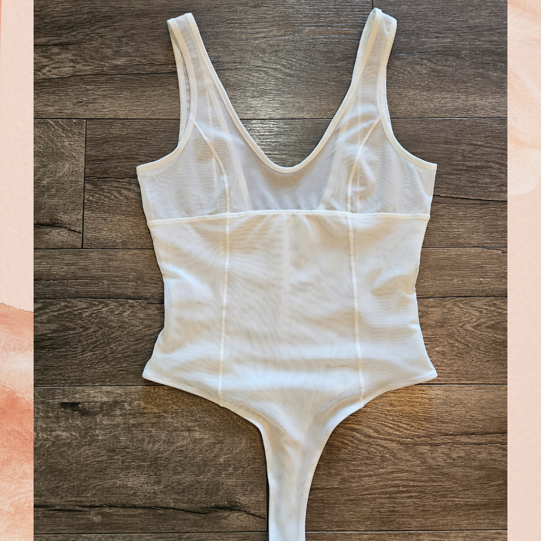 White Mesh Sheer Sleeveless Bodysuit NWOT OS